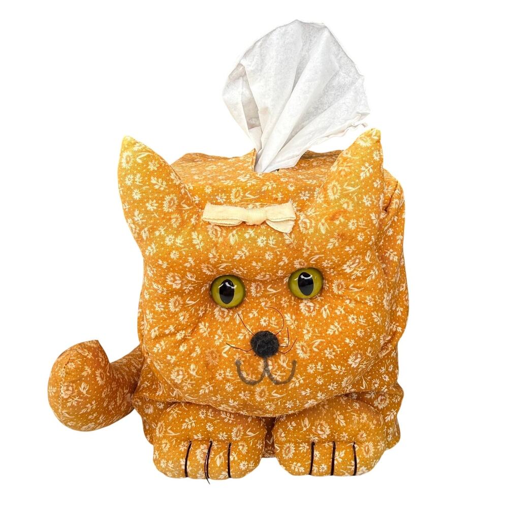 Vintage 1980s Handmade Cat Tissue Box Cover Floral Stuffed Kitty Granny Decor